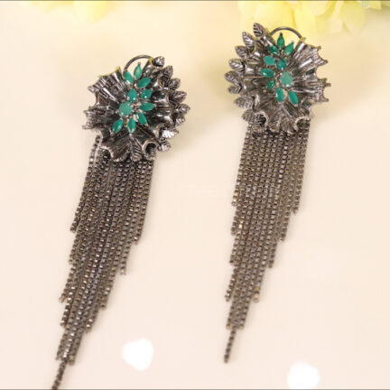 E15 Green Stone Asymmetric Chain Earrings
