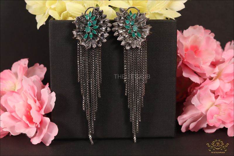 Green Stone Asymmetric Chain Earrings - Image 5