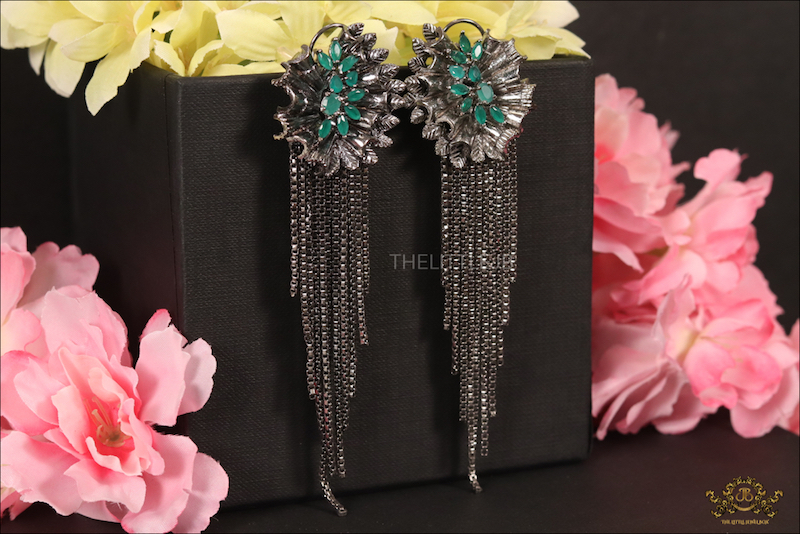 Green Stone Asymmetric Chain Earrings - Image 3