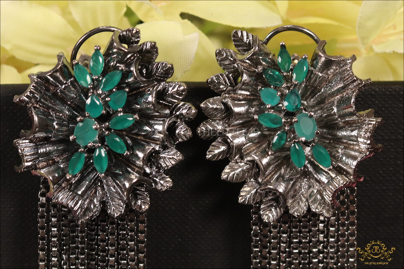 Green Stone Asymmetric Chain Earrings - Image 2