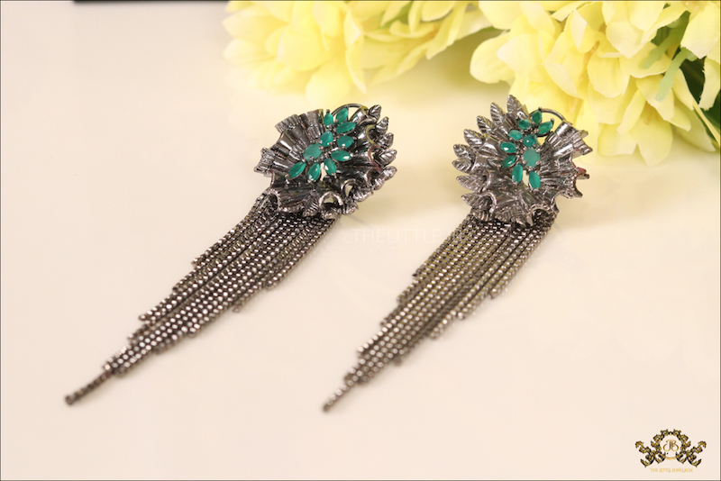 Green Stone Asymmetric Chain Earrings - Image 4