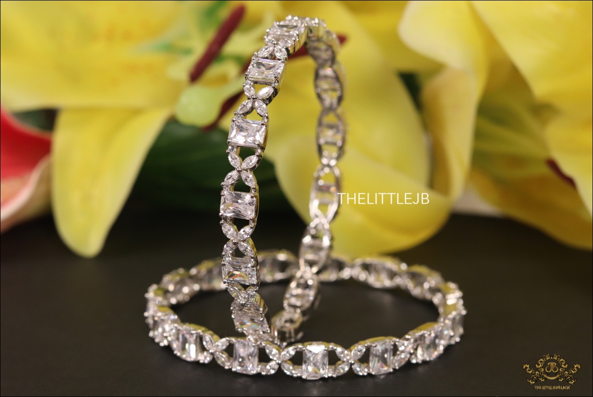 Fancy Cut CZ Platinum Bangles (Set of 2)