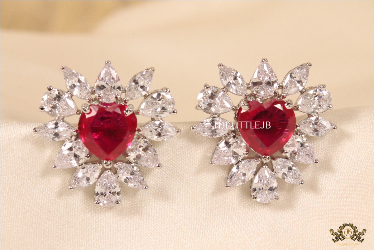 Fancy Cut CZ & Ruby Heart Studs