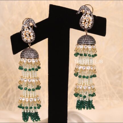 E72 Long Triple Kundan CZ Pearl Emerald Paisley Jhumkis