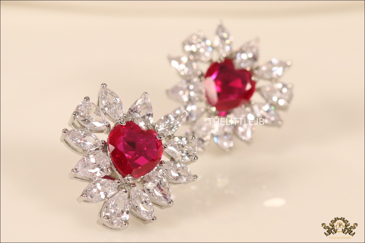 Fancy Cut CZ & Ruby Heart Studs - Image 3