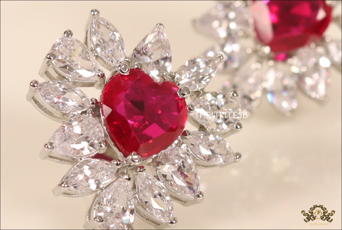 Fancy Cut CZ & Ruby Heart Studs - Image 4