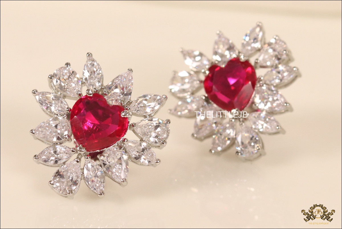 Fancy Cut CZ & Ruby Heart Studs - Image 5