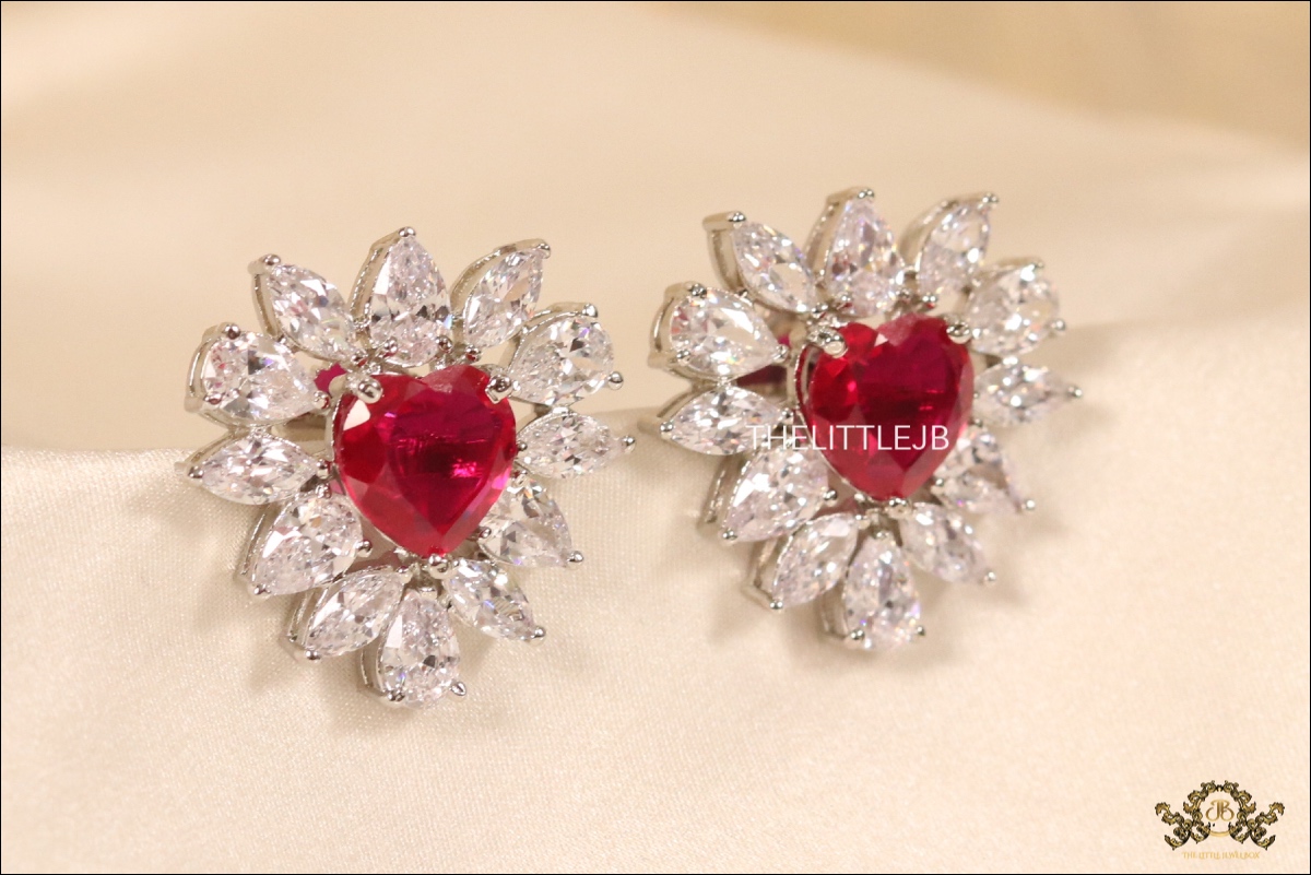 Fancy Cut CZ & Ruby Heart Studs - Image 6