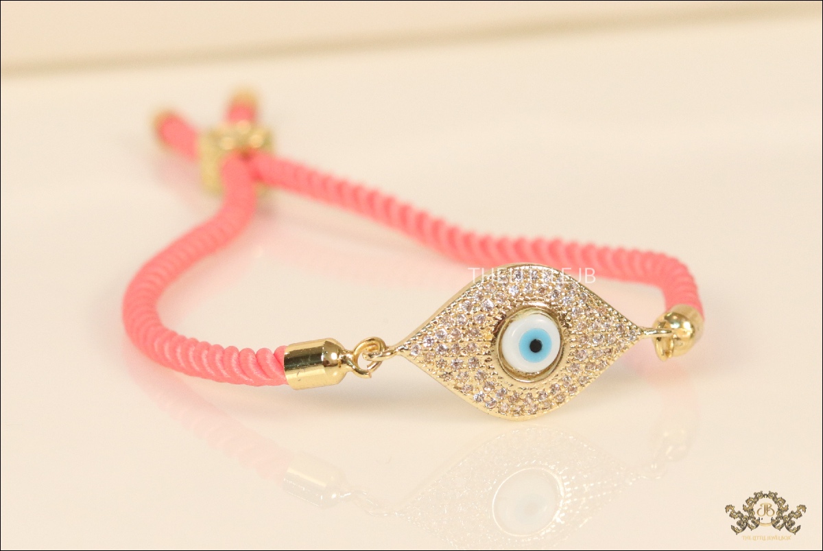 Gold Evil Eye Bracelet with Brown Silk Cord - Image 4