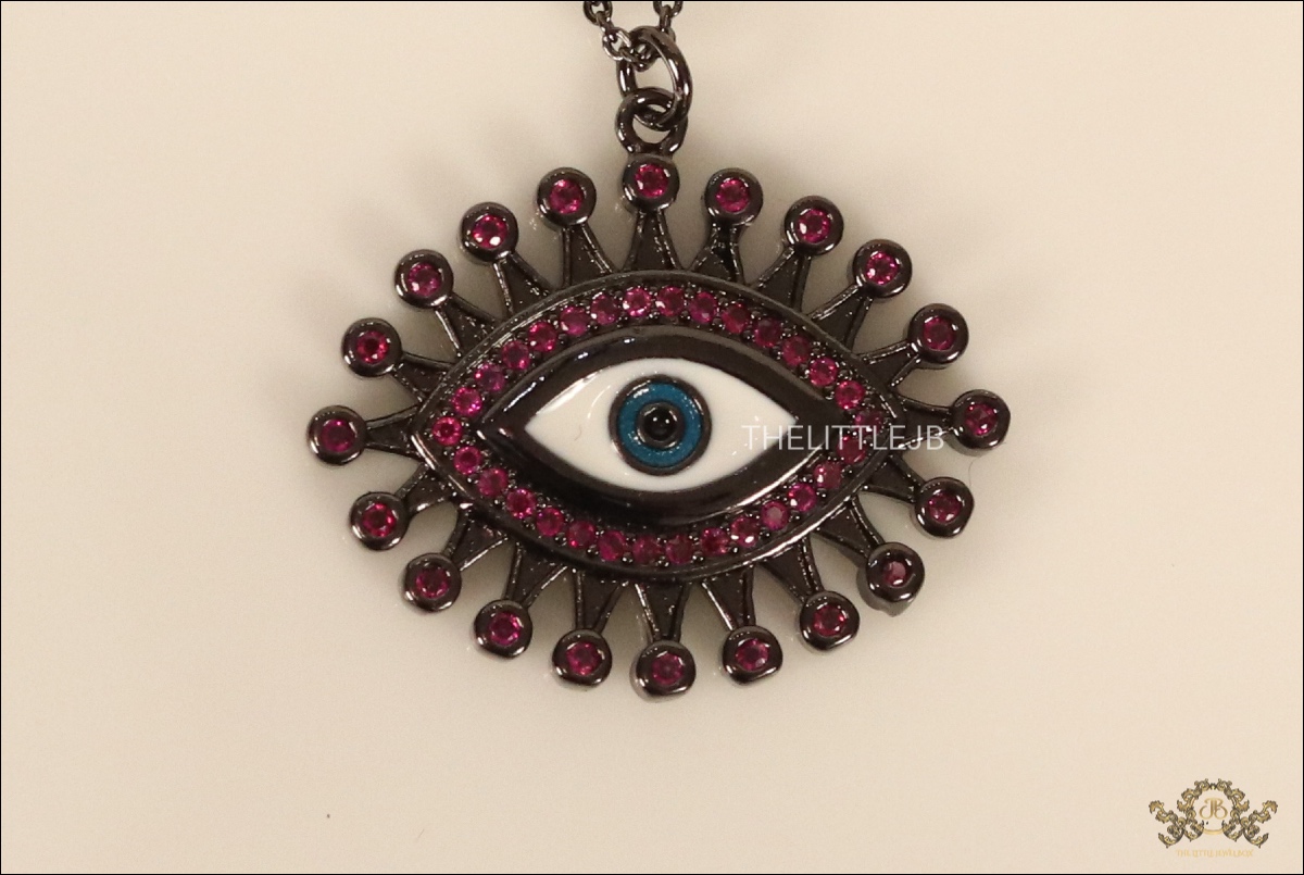 Rubies studded evil eye pendant in black rhodium chain - Image 4