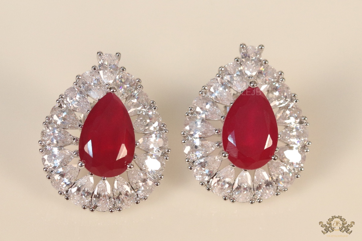 Ruby Red Drop Earrings - CZ - Image 4