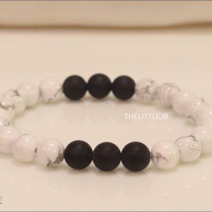 b5 Black Lava Stone Bracelet - Dalmatian Jasper Bead Accent