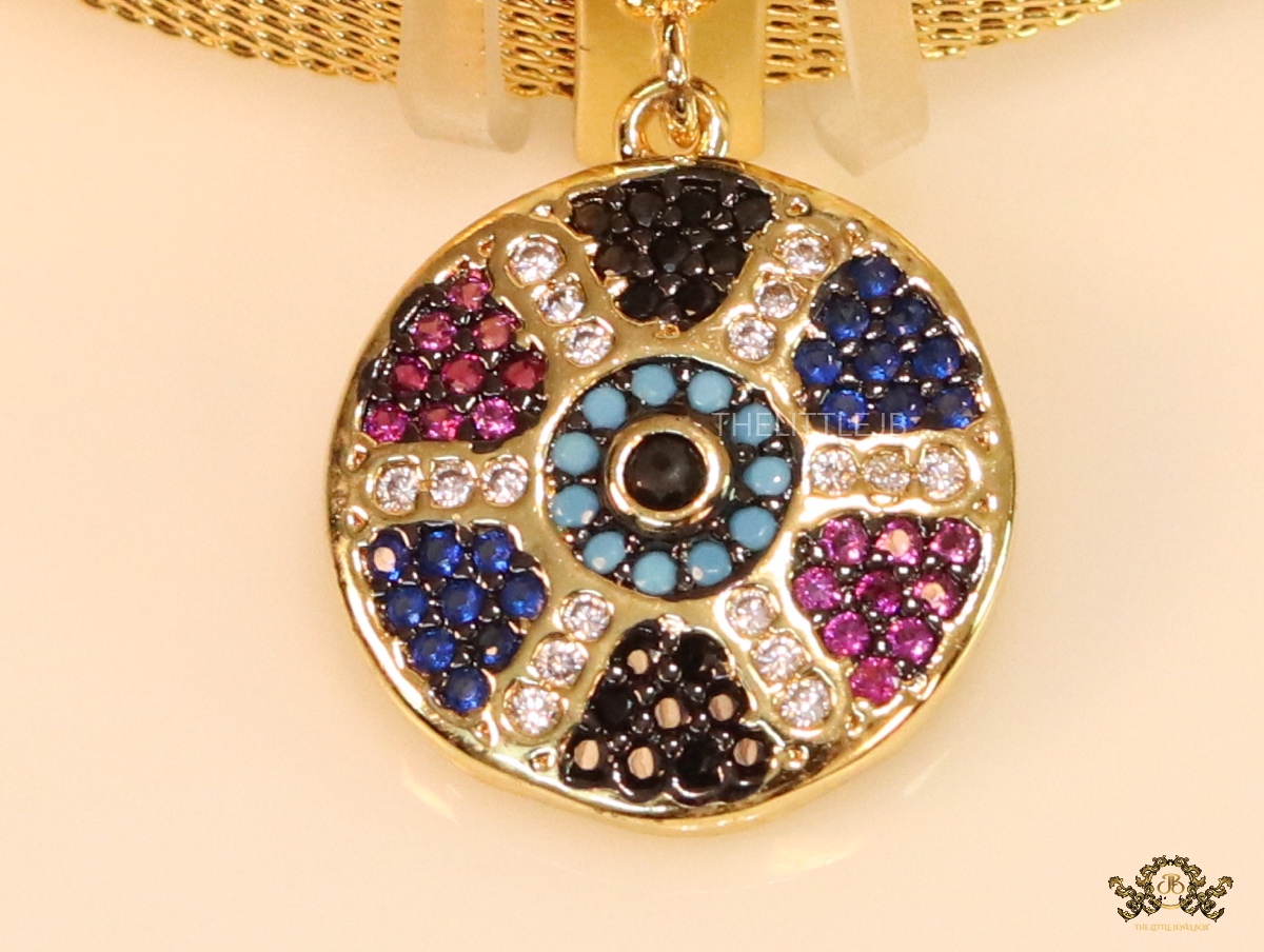 Gold plated watch mesh strap bracelet with evil eye motif in cz - Image 4