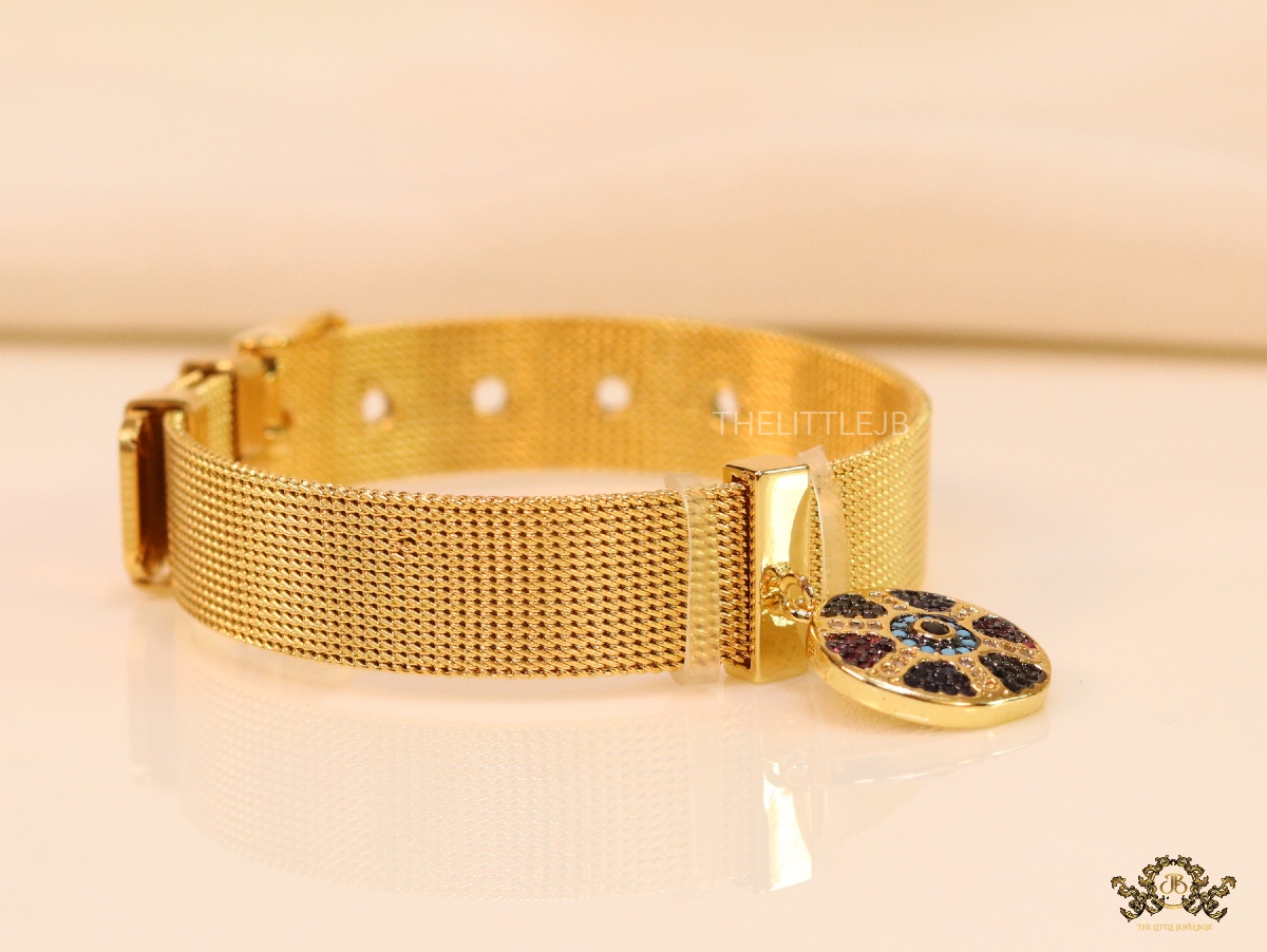 Gold plated watch mesh strap bracelet with evil eye motif in cz - Image 5