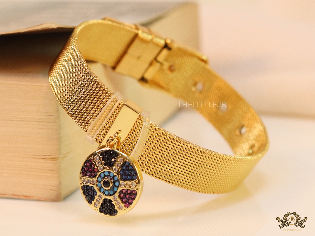 Gold plated watch mesh strap bracelet with evil eye motif in cz - Image 2