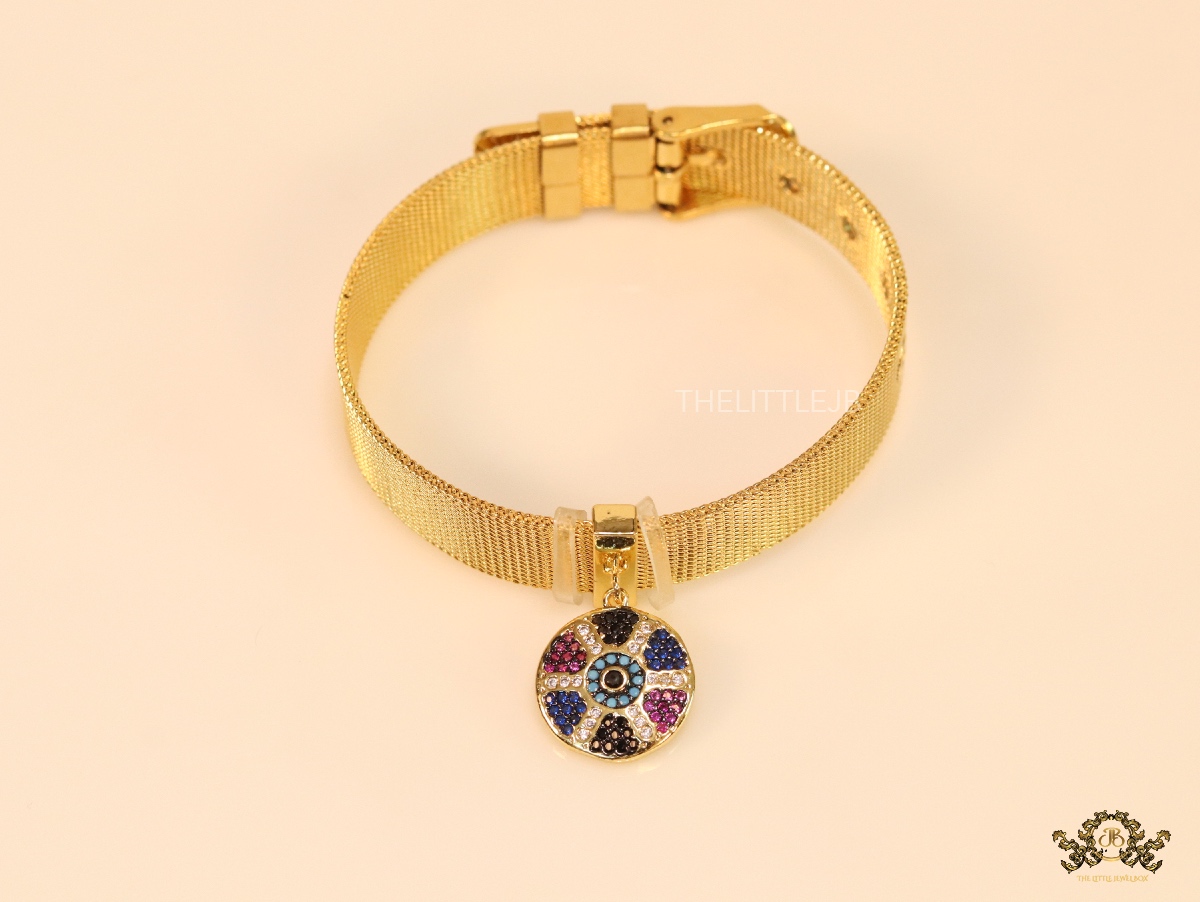 Gold plated watch mesh strap bracelet with evil eye motif in cz