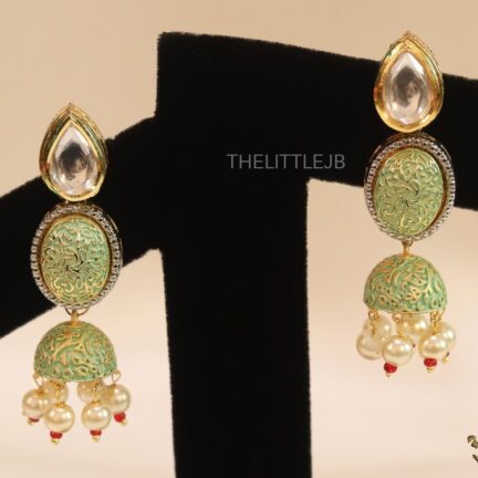 Enamel coated jhumkis with kundan, cz and pearls