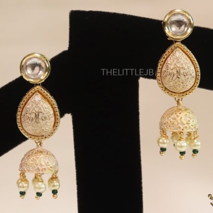 Enamel coated jhumkis with kundan, cz and pearls