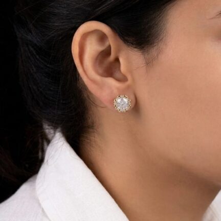 Gold plated studs with round brilliant cut cz in cuff setting