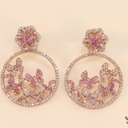 Rose gold plated hoop earrings in coloured cz- flower and butterfly pattern