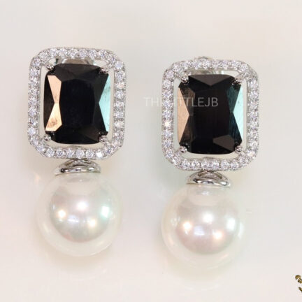 CZ earrings with 11mm black stone and white pearl drop