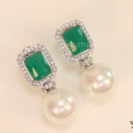 CZ earrings with 9mm emerald green stone and white pearl