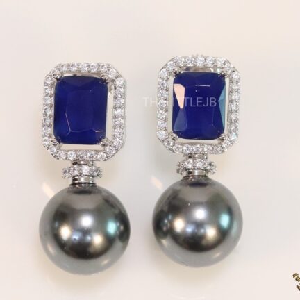 CZ earrings with 9mm sapphire blue coloured stone and grey pearl