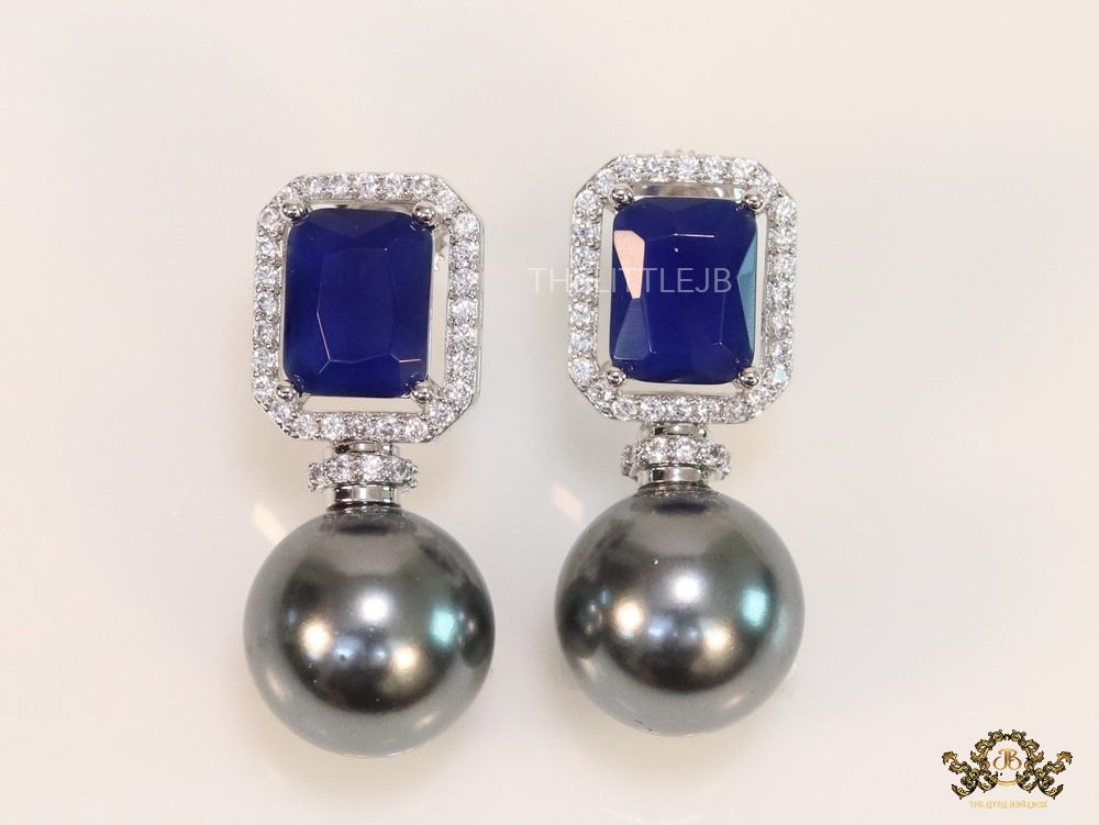 CZ earrings with 9mm sapphire blue coloured stone and grey pearl