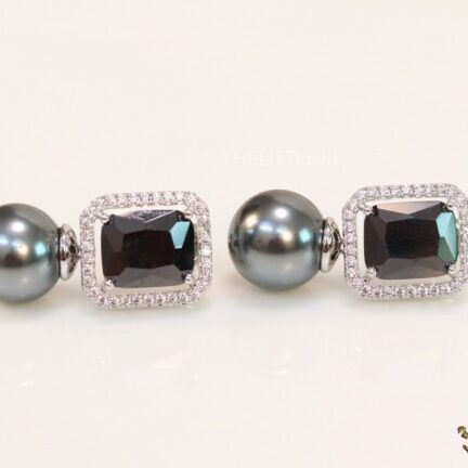 CZ earrings with 11mm black stone and grey pearl