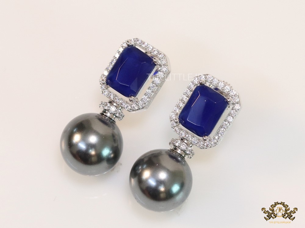 CZ earrings with 9mm sapphire blue coloured stone and grey pearl - Image 2