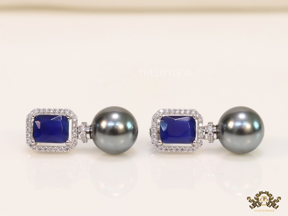 CZ earrings with 9mm sapphire blue coloured stone and grey pearl - Image 3