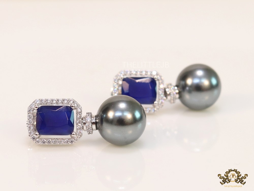 CZ earrings with 9mm sapphire blue coloured stone and grey pearl - Image 4