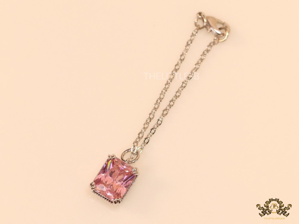 Pink topaz colour cz watch charm with platinum plated chain -