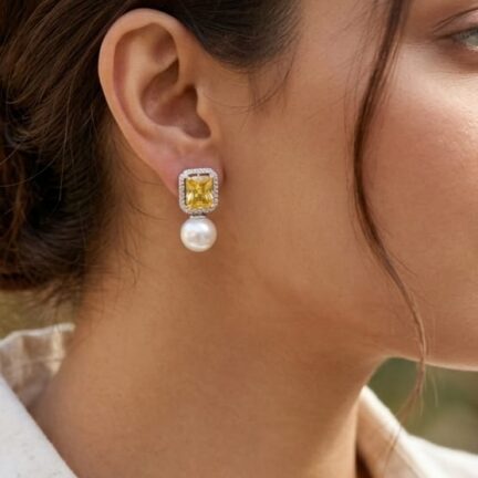 CZ earrings with 11mm topaz yellow stone and white pearl drop