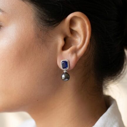 CZ earrings with 11mm sapphire blue stone and grey pearl