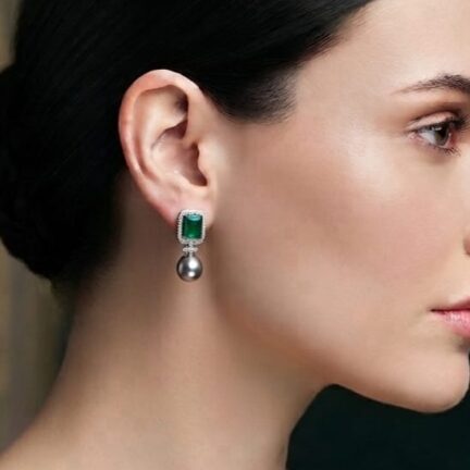 CZ earrings with 11mm emerald green stone and grey pearl