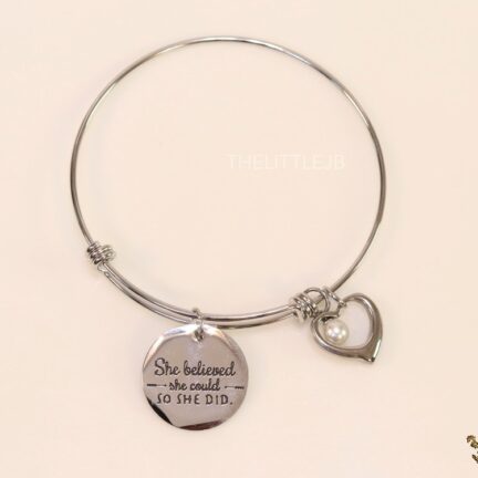 b15 Platinum plated adjustable wire style bracelet with inscribed motif- 'She believed she could- So she did'