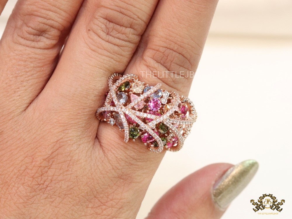 Rose gold plated cz cage ring with multicoloured stones