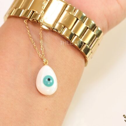 w2 Drop shaped Mother of Pearl watch charm with evil eye and gold plated chain