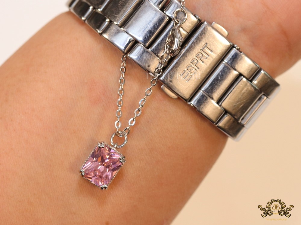 Pink topaz colour cz watch charm with platinum plated chain