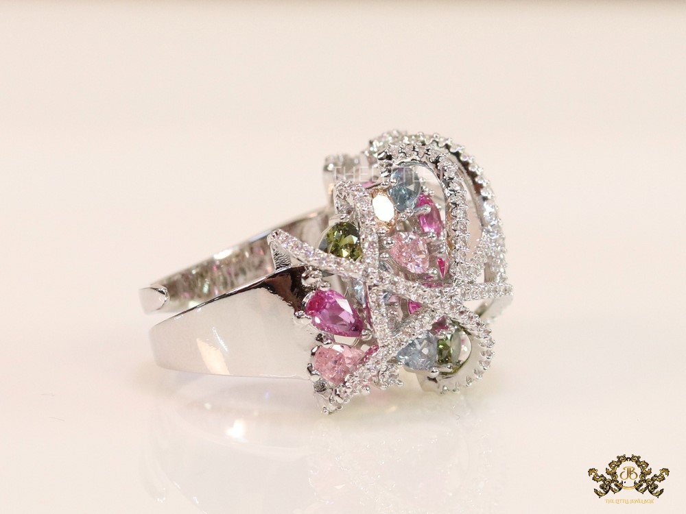 Platinum plated cz cage ring with multicoloured stones - Image 2