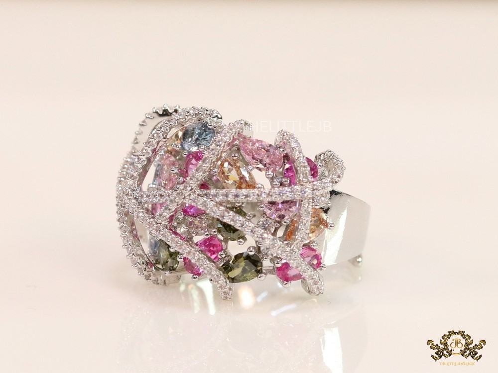 Platinum plated cz cage ring with multicoloured stones - Image 3