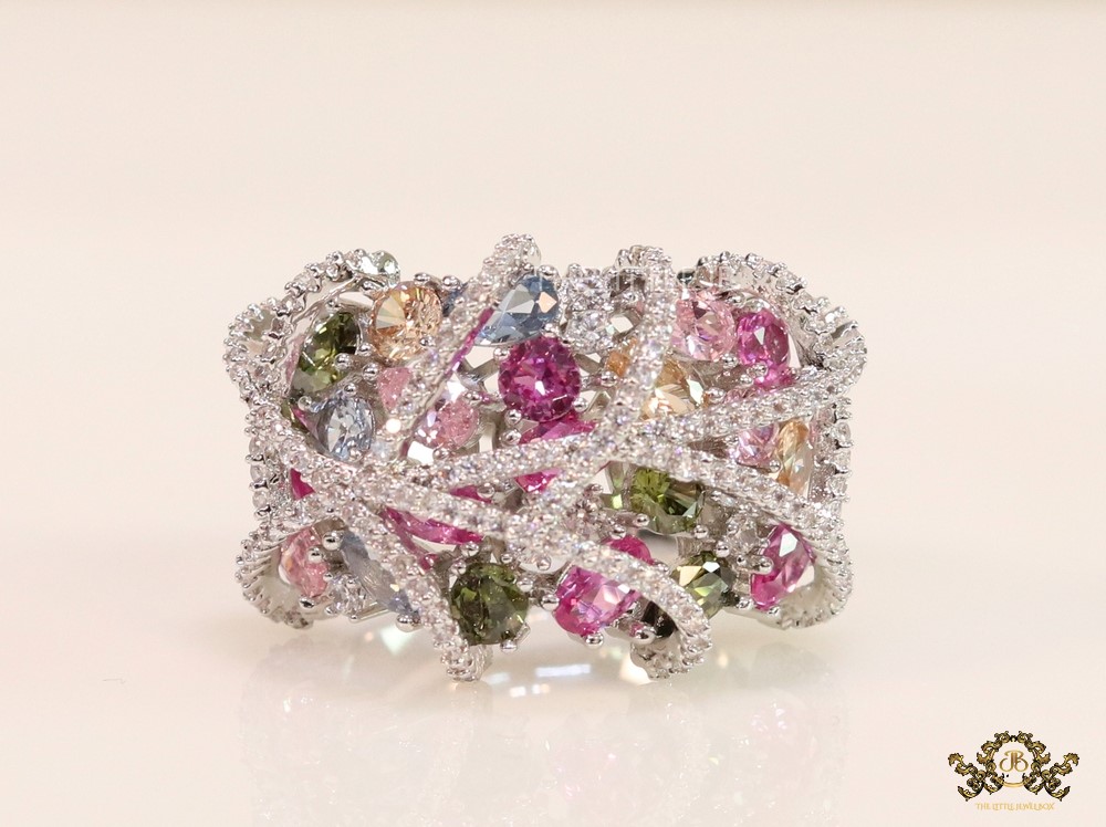 Platinum plated cz cage ring with multicoloured stones - Image 4