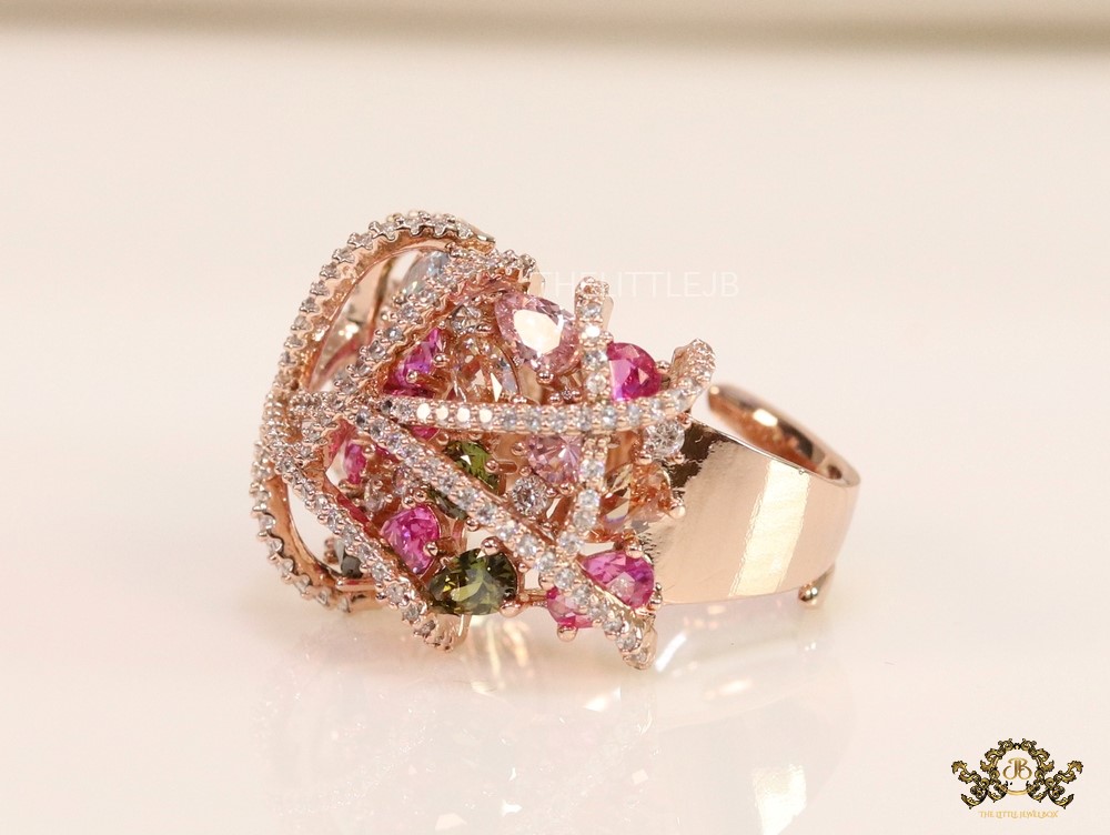 Rose gold plated cz cage ring with multicoloured stones - Image 4