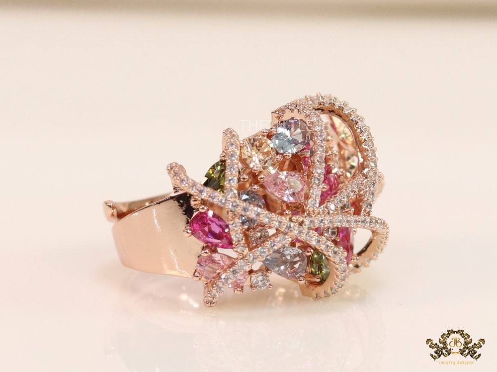 Rose gold plated cz cage ring with multicoloured stones - Image 3