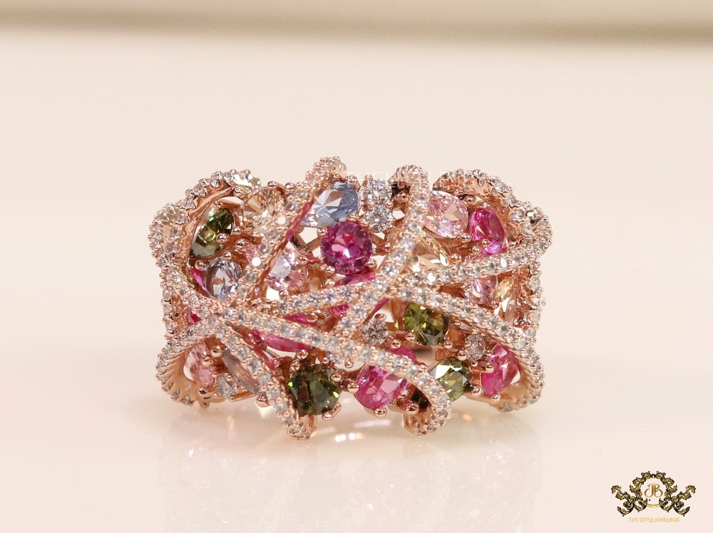 Rose gold plated cz cage ring with multicoloured stones - Image 2