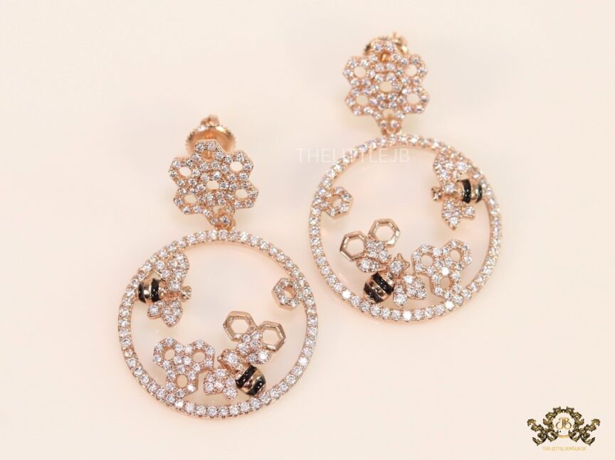 Rose gold plated circular cz earrings with honey bee and flower 