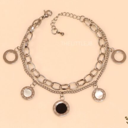 b16 Adjustable platinum two layered link chain bracelet with roman numeral discs