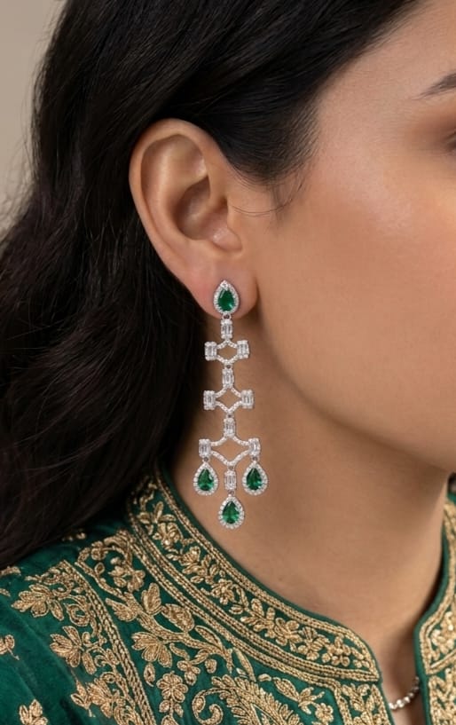 Platinum plated cz dangles with emerald green drops