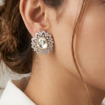 Gold plated floral baroque pearl and cz studs